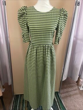 topshop gingham midi dress TOPSHOP Puff Sleeve Midi Summer Dress In Navy Gingham In Navy Multi Size 6